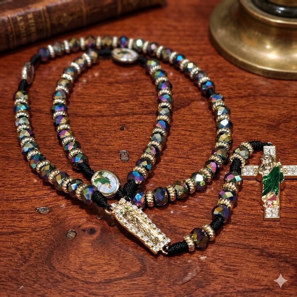 Catholic ROSARY St.jude Crystal Rainbow 10mm Faceted Beads Multicolor Shiny